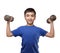 Similing boy exercise with dumbbells