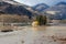 Similkameen Valley, BC, Canada - November 16, 2021: Water rising over the banks and flooding the Similkameen Valley