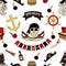 Simless pattern Pirates themed drawings by hand. Pirate symbols-swords, treasure chest, skull and crossbones, Davy Jones, octopus