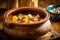 simmering soup in rustic ceramic bowl