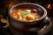 simmering soup in rustic ceramic bowl