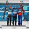 Simon Schempp GER L, Martin Fourcade FRA and Emil Hegle Svendsen NOR at the biathlon men`s 15km mass start venue celebration