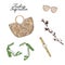 Simple accessories flatlay: bag, sunglasses, shoes, plant vector sketch. Glamour fashionable magazine illustration