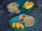 Simple asian breakfast for two. Indian roti made from coconut and banana on plates. Popular in Sri Lankan