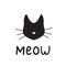 Simple black cat head silhouette in minimal style with modern hand-drawn lettering MEOW