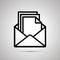 Simple black icon of open envelope with pile documents inside on light background