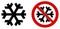 Simple black snowflake icon meaning winter / cold / freeze. Also version in red circle means