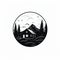 Simple Black And White Cabin Logo With Pine Trees And Mountains