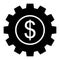 Simple, black and white dollar sign inside of a cogwheel icon