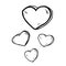 Simple black and white freehand drawn cartoon hearts