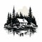Simple Black And White Lake And Forest House Vector Art