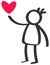 Simple black and white stick figure boy, child giving love red heart