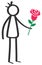 Simple black and white stick figure man holding red rose, Valentine`s Day, dating, isolated on white background