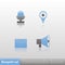 Simple blue-grey new media (microphone, gps, message, loudspeaker) icons with reflection isolated on neutral background.