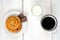 Simple Breakfast: bun roll with raisins, chocolate and coffee