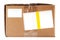 Simple brown carton package, post delivery parcel, box with white blank empty labels, address stickers, paper notes, nobody