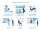 Simple business concept scenes with office people characters debate, blue design elements, vector illustration collection
