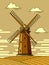 Simple cartoon illustrations of windmill at sunset.