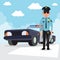 Simple cartoon of a policewoman and police car