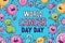 Simple cartoon world cancer day background with the inscription on it, surrounded with colorful happy tumors