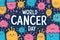 Simple cartoon world cancer day background with the inscription on it, surrounded with colorful happy tumors