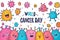 Simple cartoon world cancer day background with the inscription on it, surrounded with colorful happy tumors