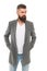 Simple and casual. Casual outfit. Menswear and fashion concept. Man bearded hipster stylish fashionable jacket. Casual