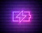 Simple charge battery, charging level. Neon style. Light decoration icon. Bright electric symbol isolated on brick wall