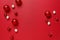 Simple Christmas ornaments decorations background. Simple, modern, classic red and white glass baubles balls horizontal border.