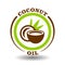Simple circle logo Coconut oil with round half cut nut shells icon and green palm leaves symbol for coconut milk product