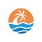 Simple circular Mountain Palm and Sea logo design inspiration