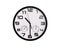 Simple classic black and white round wall clock isolated on white. Clock with arabic numerals on wall shows 10:30 , 22:30