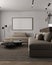 Simple classic minimalism interior livingroom with stone table, lamp, ceiling lighting and armchair. Mock up empty wall