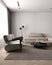 Simple classic minimalism interior livingroom with stone table, lamp, ceiling lighting and armchair. Mock up empty wall