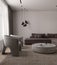 Simple classic minimalism white gray interior livingroom with stone table, lamp, ceiling lighting and armchair. Mock up