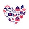 Simple colored valentine`s day icons placed in a heart shape.