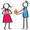 Simple colorful stick figure man giving birthday present, gift box to girlfriend