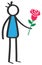 Simple colorful stick figure man holding red rose, Valentine`s Day, dating, isolated on white background