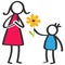 Simple colorful stick figures family, boy giving flower to mother on Mother`s Day, birthday