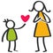 Simple colorful stick figures family, boy giving love, heart to mother on Mother`s Day, birthday
