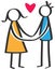 Simple colorful stick figures happy couple, man, woman holding both hands red heart isolated on white background