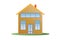 Simple cottage with two floors and a brick chimney, flat vector illustration