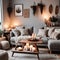 Simple cozy living room interior with light gray sofa, decorative pillows, wooden table with candles and natural decorations