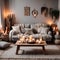 Simple cozy living room interior with light gray sofa, decorative pillows, wooden table with candles and natural decorations