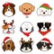 Simple and cute Christmas illustrations with adorable dogs faces with outlines