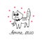 Simple cute contoured cat with a mouse in its teeth. Doodle. Amore mio. Design element for greeting card, Valentine`s Day,