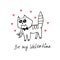 Simple cute contoured cat with a mouse in its teeth. Doodle. Be my Valentine. Design element for greeting card, Valentine`s Day,