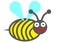 A simple cute shape of a yellow bee with dark grey stripes cute head face and light blue wings white backdrop