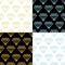 Simple diamonds silver and golden, on black and white wire framed diamond crystals seamless patterns set, vector