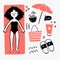 Simple doodle illustration of girl sunbathing on the towel on the white background. Beach season doodle set. Vacation black and